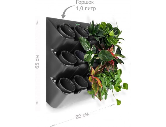 Фитомодуль (вертикальная грядка) BOXSAND 12 АЭРО с круглыми горшками 1л. Вместимость 12 растений, ШхВхГ 60х65х14см, черный с черными горшками