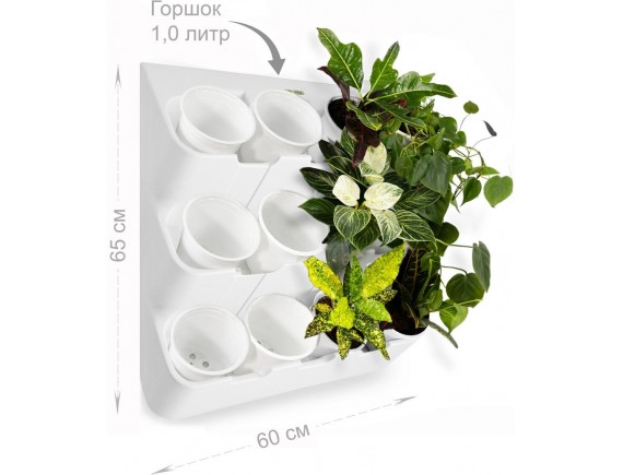 Фитомодуль (вертикальная грядка) BOXSAND 12 АЭРО с круглыми горшками 1л. Вместимость 12 растений, ШхВхГ 60х65х14см, белый с белыми горшками