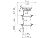 Двухуровневая кровельная воронка с трапом, прижимными фланцами из нержавеющей стали и дренажным кольцом, ТП-10.616-Э с электрообогревом