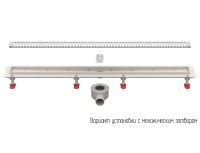 Трап линейный (душевой лоток) ТП-55D-800, БЕЗ РАМКИ, решетка тип D - ПОЛОСЫ, с горизонтальным выходом D50 мм, с гидрозатвором и механическим "сухим" затвором в комплекте